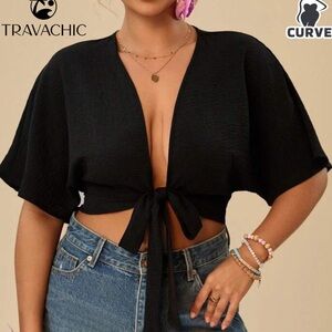 ✨ 3/$30 ✨SHEIN Curve Black Batwing Sleeve Tie Front Crop Top 2XL | NWT Plus Size
